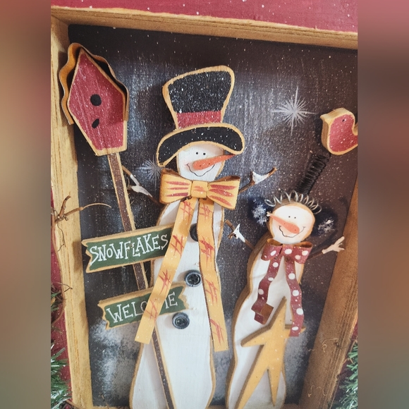 Snowman and Snowwoman Couple in Wood Frame Snowflakes Welcome - Picture 2 of 6